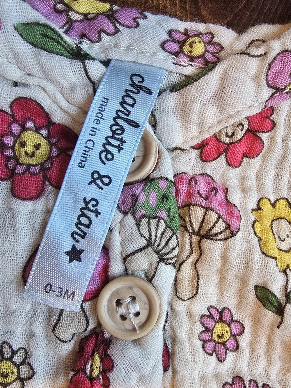 Charlotte & Star Baby Girl Mushroom & Floral Muslin Romper Set with Bonnet - 0-3